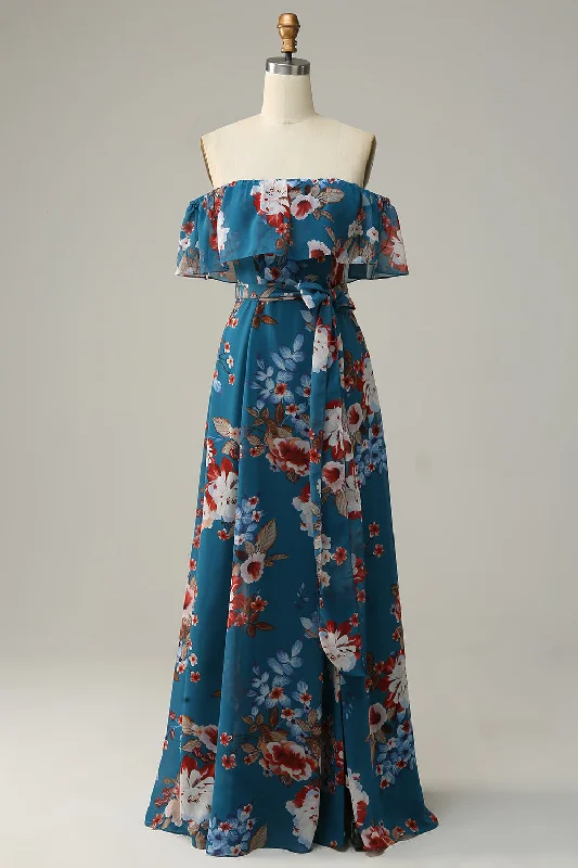 Maxi wedding guest dresses with floral prints for summer weddingsDark Blue A Line Off The Shoulder Floor Length Print Chiffon Bridesmaid Dress Maxi wedding guest dresses with floral prints for summer weddingsDark Blue A Line Off The Shoulder Floor Length Print Chiffon Bridesmaid Dress