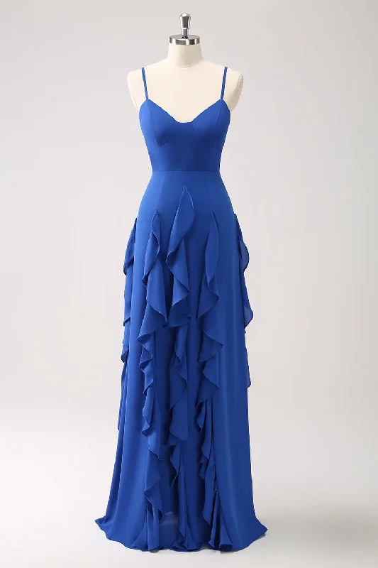 A-Line Dark Blue Spaghetti Straps Bridesmaid Dress with Ruffles