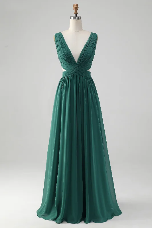 Geometric - printed wedding guest dresses for a modern weddingDark Green A Line Chiffon Long Bridesmaid Dress with Lace Up Back Geometric - printed wedding guest dresses for a modern weddingDark Green A Line Chiffon Long Bridesmaid Dress with Lace Up Back