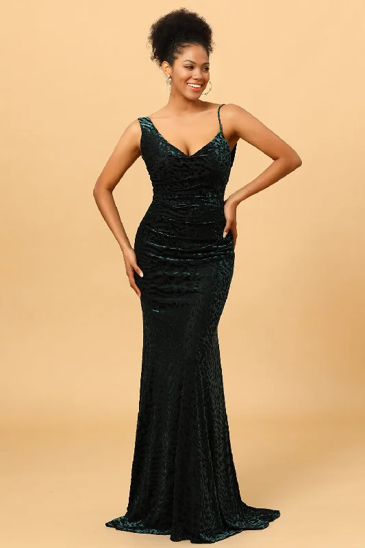 Bow - backed wedding guest dresses in silk for a luxurious feelDark Green Mermaid Velvet Backless Long Bridesmaid Dress Bow - backed wedding guest dresses in silk for a luxurious feelDark Green Mermaid Velvet Backless Long Bridesmaid Dress