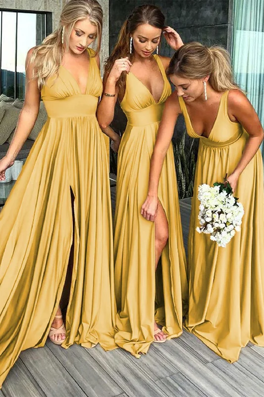 Tea - length wedding guest dresses with polka dot patternsDeep V-Neck Backless Yellow Long Bridesmaid Dress with Slit Tea - length wedding guest dresses with polka dot patternsDeep V-Neck Backless Yellow Long Bridesmaid Dress with Slit