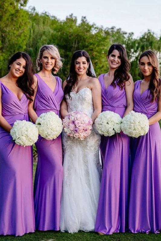 Wedding guest dresses with keyhole backs and flowing fabricsDeep V-Neck Sleeveless Purple Long Bridesmaid Dress Wedding guest dresses with keyhole backs and flowing fabricsDeep V-Neck Sleeveless Purple Long Bridesmaid Dress