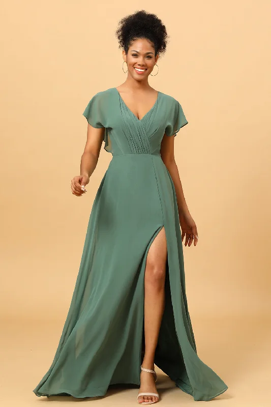 Wedding guest dresses with fringe accents for a bohemian - inspired weddingEucalyptus A Line V-Neck Ruched Long Chiffon Bridesmaid Dress with Slit Wedding guest dresses with fringe accents for a bohemian - inspired weddingEucalyptus A Line V-Neck Ruched Long Chiffon Bridesmaid Dress with Slit