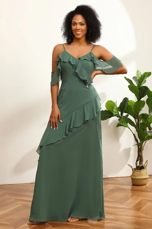 Wedding guest dresses with mesh panels and empire waistsEucalyptus Spaghetti Straps Long Bridesmaid Dress with Ruffles Wedding guest dresses with mesh panels and empire waistsEucalyptus Spaghetti Straps Long Bridesmaid Dress with Ruffles