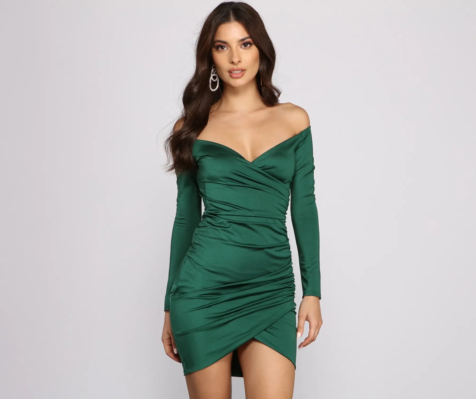 Mini cocktail dresses with a ruffled hem and a solid colorFeelin' Luxe Off-The-Shoulder Mini Dress Mini cocktail dresses with a ruffled hem and a solid colorFeelin' Luxe Off-The-Shoulder Mini Dress