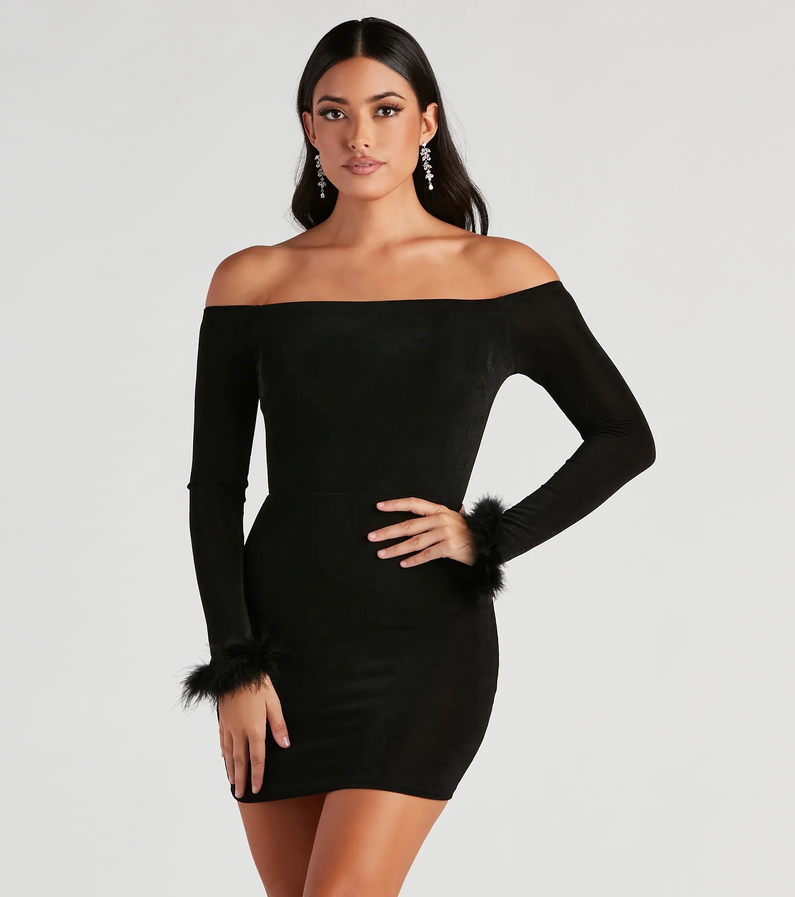 Bodycon dress with a one - shoulder design​Feeling Chic Feather Trim Mini Dress