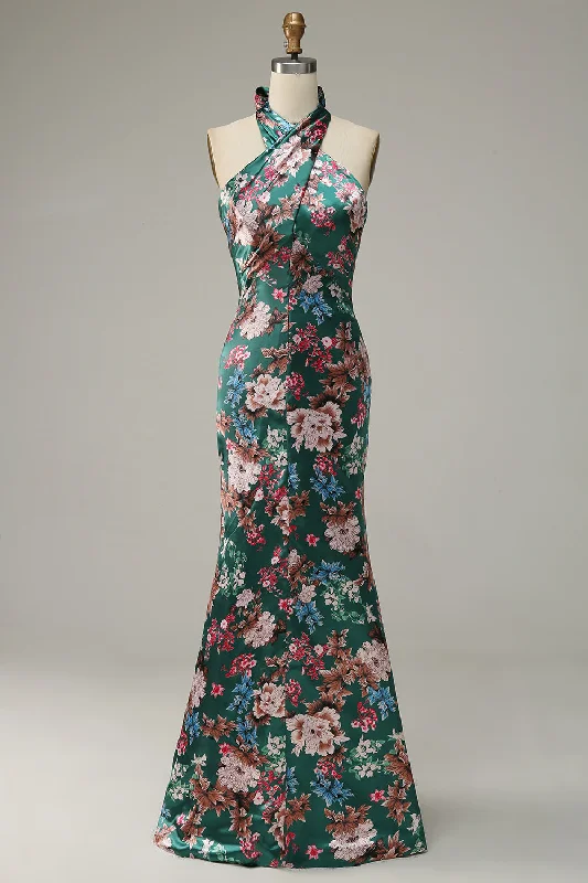 Wedding guest dresses with tassel - adorned belts and A - line skirtsFlower Print Halter Satin Bridesmaid Dress Wedding guest dresses with tassel - adorned belts and A - line skirtsFlower Print Halter Satin Bridesmaid Dress