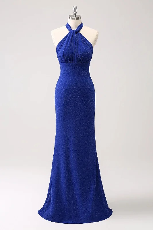 Glitter Blue Halter Mermaid Long Bridesmaid Dress