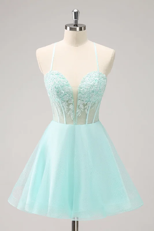 Cocktail dresses with a one - piece design and a statement bowGreen A Line Spaghetti Straps Corset Short Homecoming Dress
