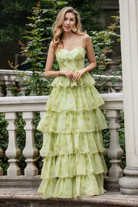Asymmetric - hem wedding guest dresses in metallic huesGreen Flower A Line Spaghetti Straps Tiered Long Prom Dress With Ruffles Asymmetric - hem wedding guest dresses in metallic huesGreen Flower A Line Spaghetti Straps Tiered Long Prom Dress With Ruffles