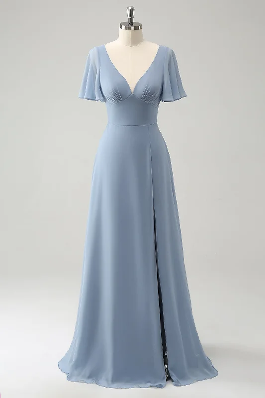 Wedding guest dresses with patchwork designs for a unique lookGrey Blue V-Neck Puff Chiffon Long Bridesmaid Dress with Hollow Out Back Wedding guest dresses with patchwork designs for a unique lookGrey Blue V-Neck Puff Chiffon Long Bridesmaid Dress with Hollow Out Back