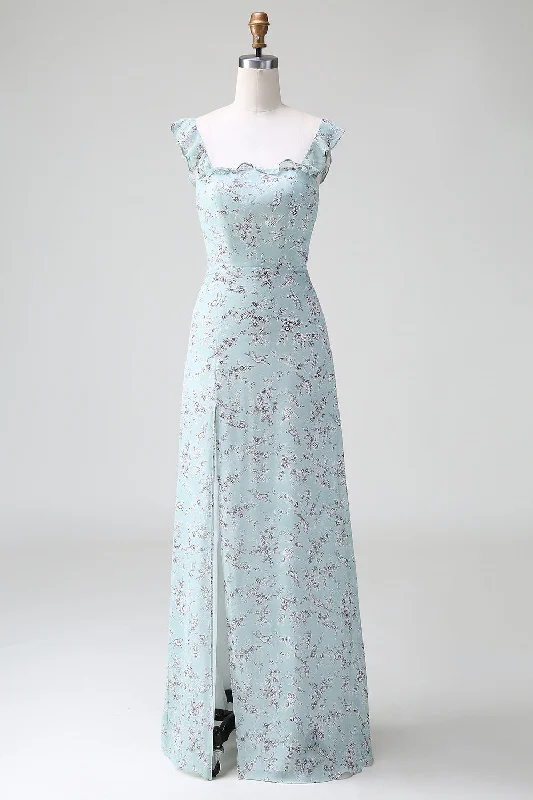 Sheath - style wedding guest dresses with lace overlaysGrey Green Sheath Floral Print Long Bridesmaid Dress With Slit Sheath - style wedding guest dresses with lace overlaysGrey Green Sheath Floral Print Long Bridesmaid Dress With Slit