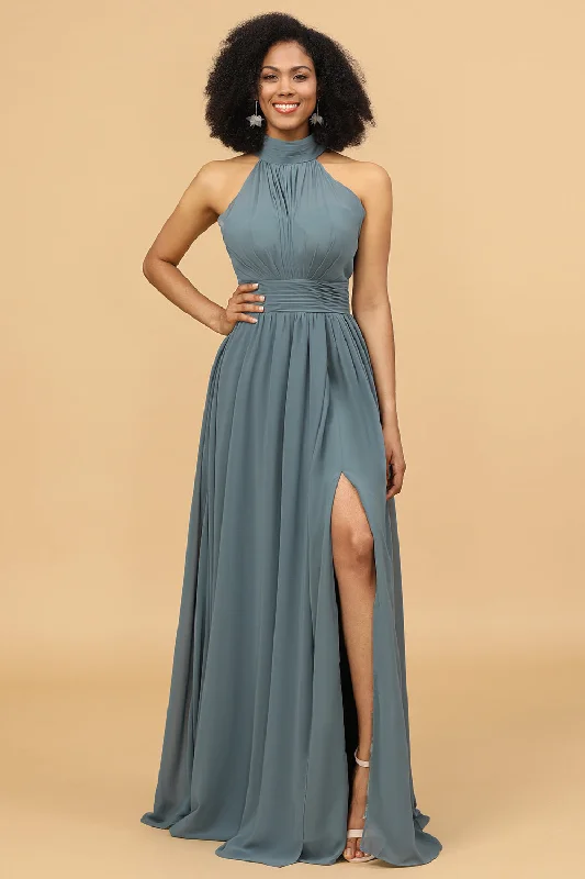 Mini wedding guest dresses with glittery accents for a trendy lookGrey Halter Ruched Long Chiffon Bridesmaid Dress with Slit Mini wedding guest dresses with glittery accents for a trendy lookGrey Halter Ruched Long Chiffon Bridesmaid Dress with Slit