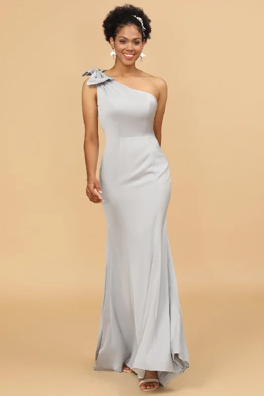 Grey Satin One Shoulder Mermaid Bridesmaid Dress With Bowknot