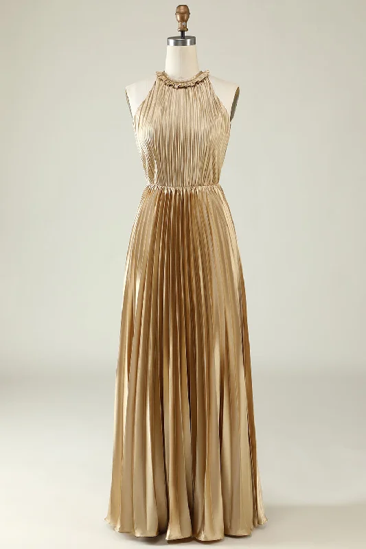 Lace - and - tulle wedding guest dresses with sweetheart necklinesHalter Neck Golden Pleated Long Bridesmaid Dress Lace - and - tulle wedding guest dresses with sweetheart necklinesHalter Neck Golden Pleated Long Bridesmaid Dress