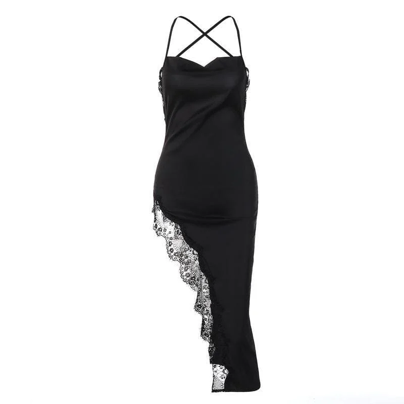 Cocktail dresses with off - the - shoulder designs and beaded accentsBerryBetty - Hem lace slit satin cross open back dress