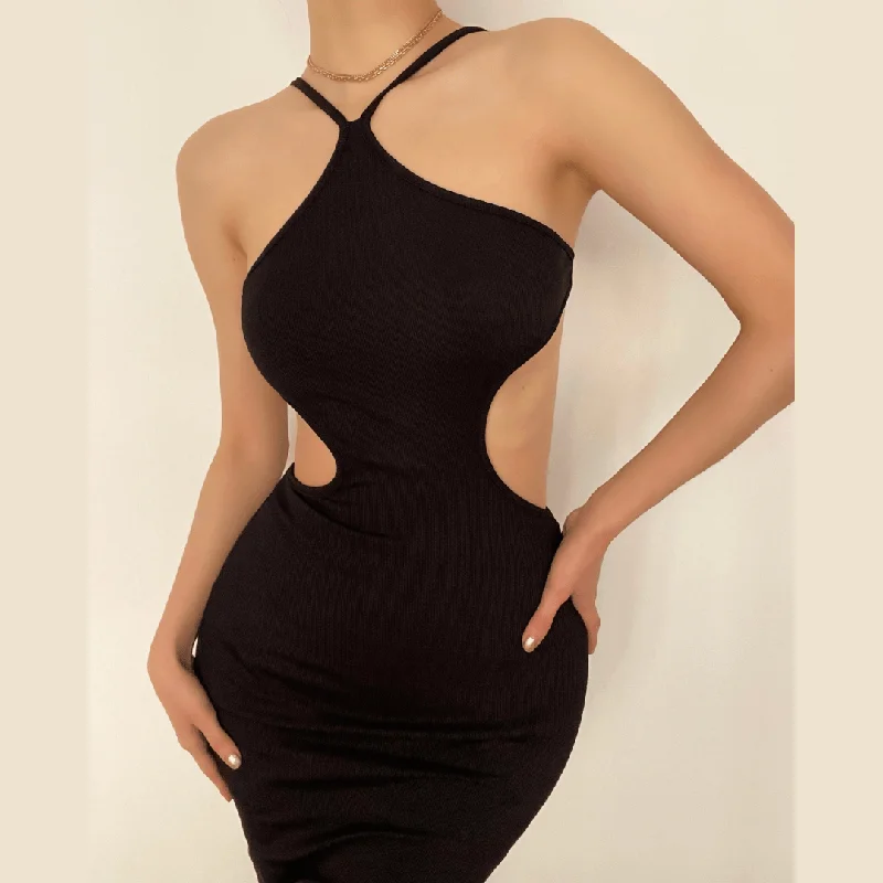 Sequined cocktail dresses with a mermaid silhouetteBerryBetty - Hollow out halter open back ribbed midi dress
