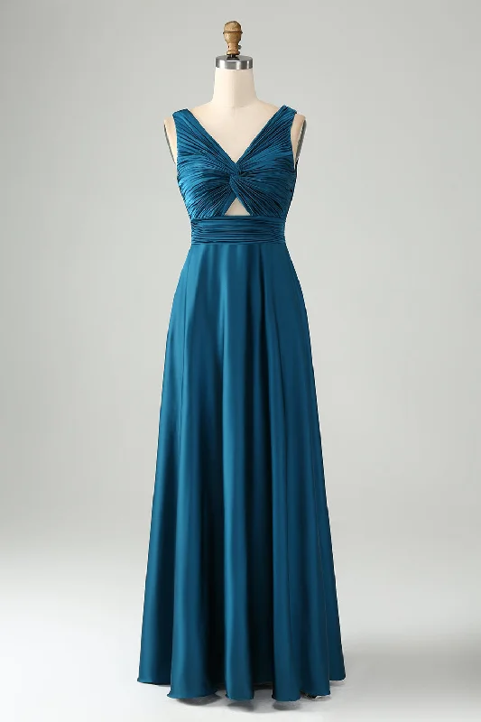 Wedding guest dresses with keyhole backs and flowing fabricsInk Blue A Line V Neck Keyhole Long Bridesmaid Dress Wedding guest dresses with keyhole backs and flowing fabricsInk Blue A Line V Neck Keyhole Long Bridesmaid Dress