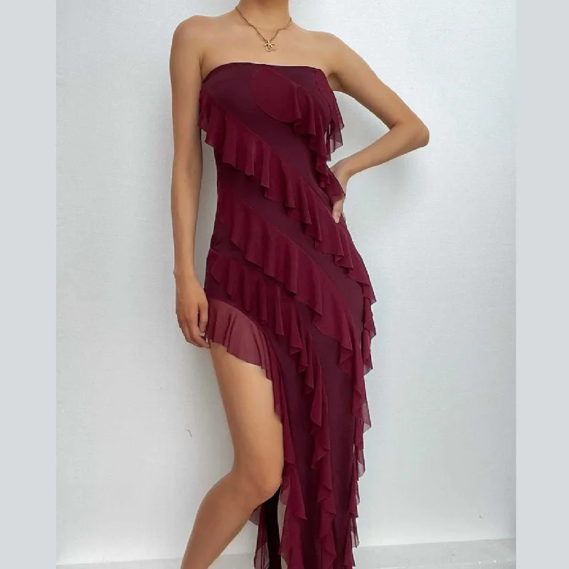 Mini cocktail dresses with a glittery finish for a party - ready styleBerryBetty - Irregular backless solid ruffle slit tube midi dress
