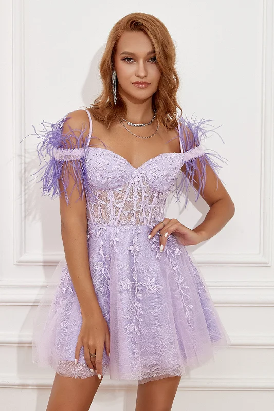Cocktail dresses with a tassel - adorned belt and a sheath styleLavender Off Shoulder Homecoming Dress with Feathers Cocktail dresses with a tassel - adorned belt and a sheath styleLavender Off Shoulder Homecoming Dress with Feathers