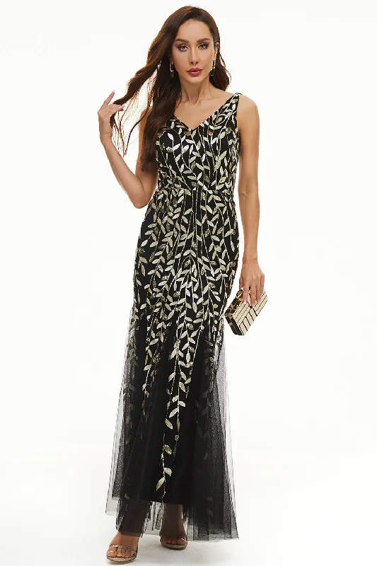 Sleeveless cocktail dresses in a silk - blend fabric for a luxurious feelLeaves Sequins Tulle Long Formal Dress Sleeveless cocktail dresses in a silk - blend fabric for a luxurious feelLeaves Sequins Tulle Long Formal Dress