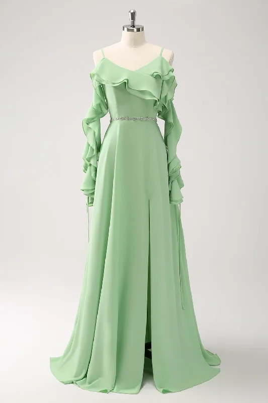 Light Green Cold Shoulder A-Line Chiffon Long Bridesmaid Dress with Ruffles