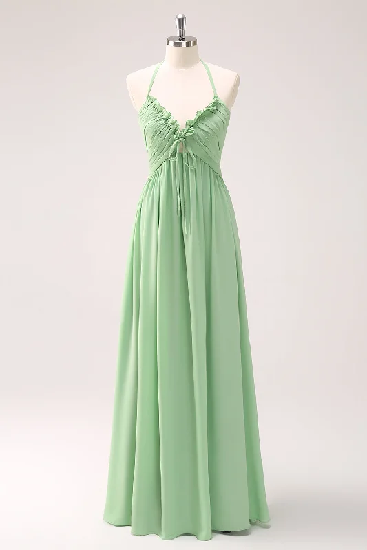 Light Green A Line Halter Backless Lace Up Long Bridesmaid Dress