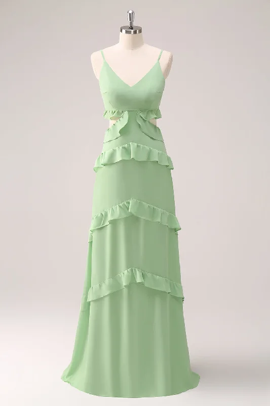 Light Green Spaghetti Straps Hollow Out Long Bridesmaid Dress with Slit