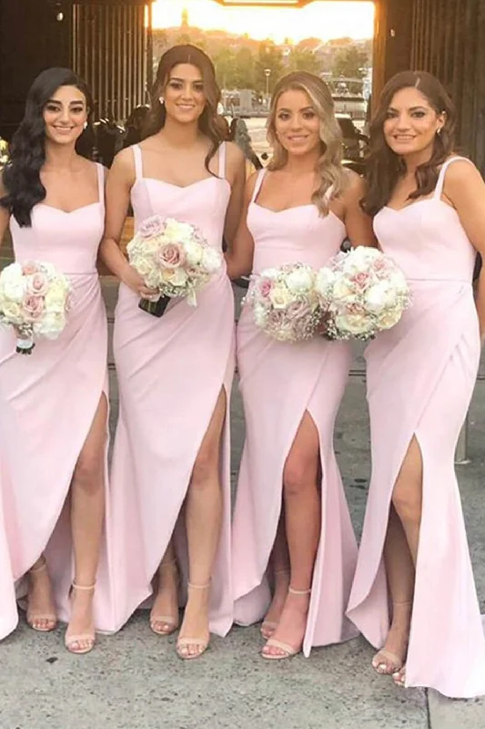 Wedding guest dresses with tiered skirts for a feminine lookLight Pink Spaghetti Straps Long Bridesmaid Dress with Slit Wedding guest dresses with tiered skirts for a feminine lookLight Pink Spaghetti Straps Long Bridesmaid Dress with Slit