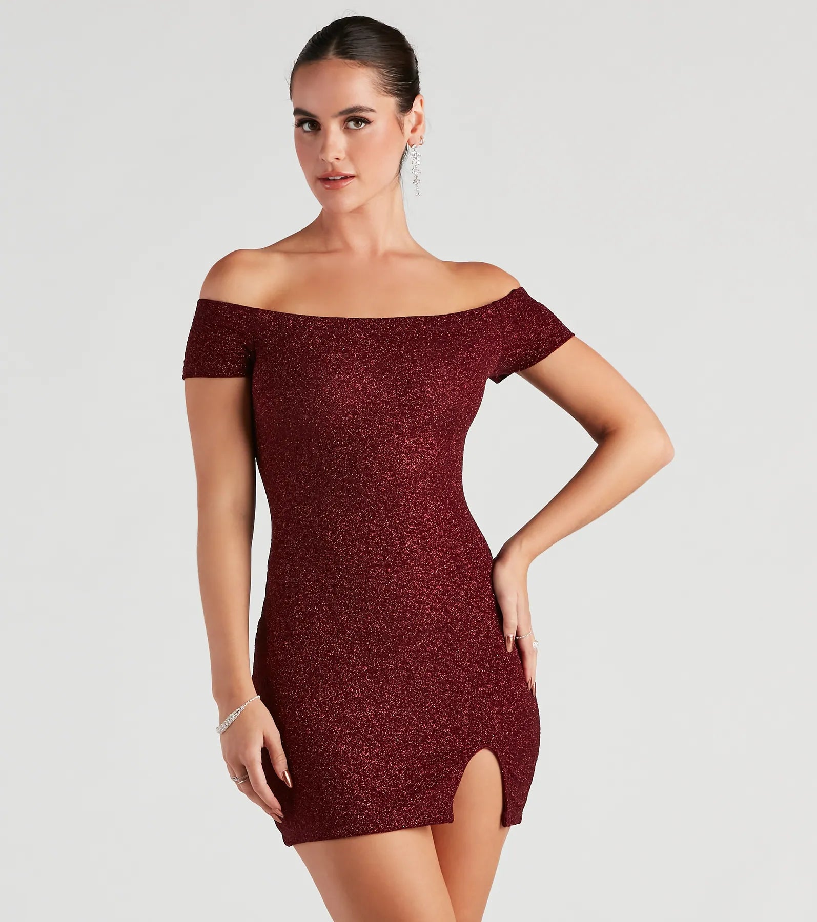 Bodycon dress in a neon color for a vibrant appearanceLove Spark Glitter Off The Shoulder Dress Bodycon dress in a neon color for a vibrant appearanceLove Spark Glitter Off The Shoulder Dress