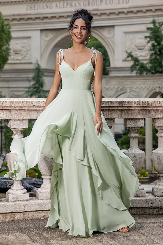 Animal - print wedding guest dresses in subtle colors for a bold statementMatcha A Line Spaghetti Straps Long Bridesmaid Dress with Ruffles Animal - print wedding guest dresses in subtle colors for a bold statementMatcha A Line Spaghetti Straps Long Bridesmaid Dress with Ruffles