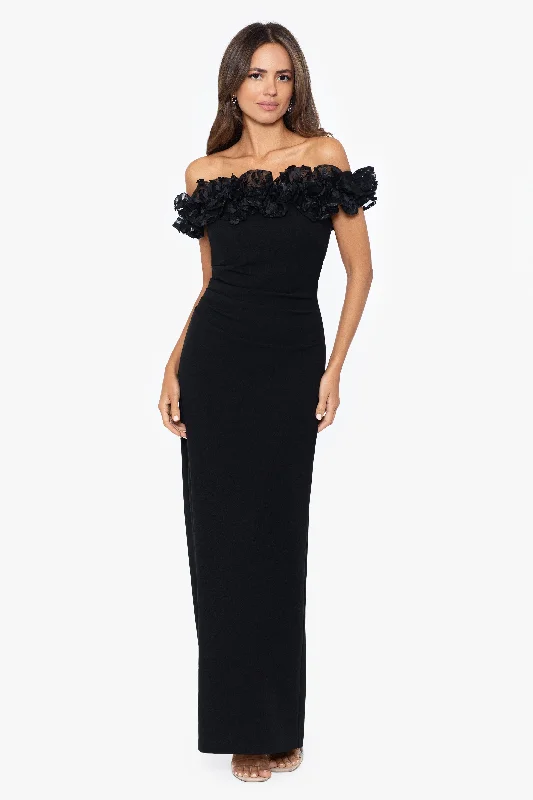 Animal - print cocktail dresses with a V - neck for a fierce look"Maya" Long Off the Shoulder 3D Ruffle Dress Animal - print cocktail dresses with a V - neck for a fierce look"Maya" Long Off the Shoulder 3D Ruffle Dress
