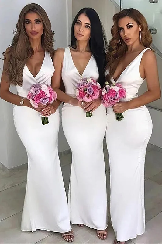 Satin wedding guest dresses with side slits for a sexy touchMermaid Deep V-Neck Sleeveless White Bridesmaid Dress Satin wedding guest dresses with side slits for a sexy touchMermaid Deep V-Neck Sleeveless White Bridesmaid Dress