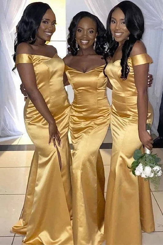 Wedding guest dresses with fringe accents for a bohemian - inspired weddingMermaid Off The Shoulder Champagne Bridesmaid Dress with Slit Wedding guest dresses with fringe accents for a bohemian - inspired weddingMermaid Off The Shoulder Champagne Bridesmaid Dress with Slit