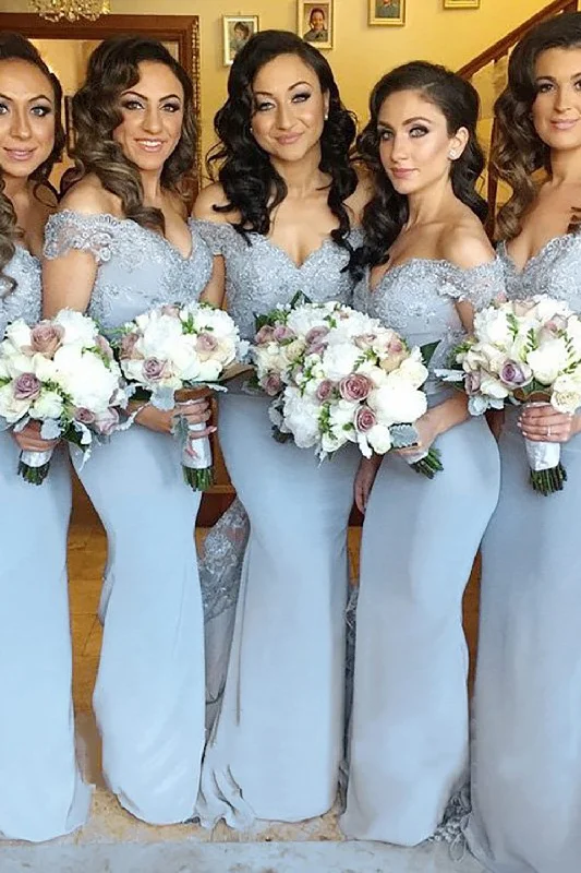 Wedding guest dresses with ruched bodices and spaghetti strapsMermaid Off The Shoulder Light Blue Bridesmaid Dress with Lace Wedding guest dresses with ruched bodices and spaghetti strapsMermaid Off The Shoulder Light Blue Bridesmaid Dress with Lace