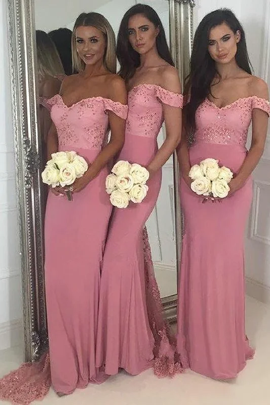 Tea - length wedding guest dresses with polka dot patternsMermaid Off The Shoulder Pink Bridesmaid Dress with Lace Tea - length wedding guest dresses with polka dot patternsMermaid Off The Shoulder Pink Bridesmaid Dress with Lace