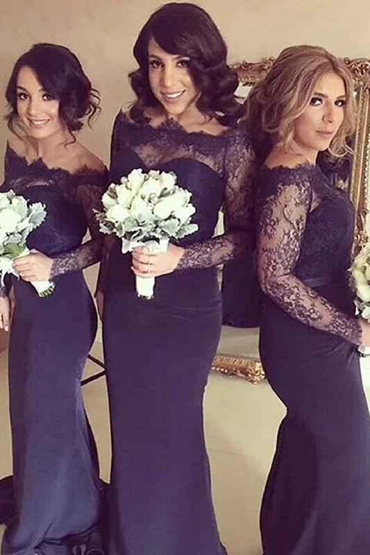Maxi wedding guest dresses with floral prints for summer weddingsMermaid Off The Shoulder Purple Bridesmaid Dress with Long Sleeves Maxi wedding guest dresses with floral prints for summer weddingsMermaid Off The Shoulder Purple Bridesmaid Dress with Long Sleeves