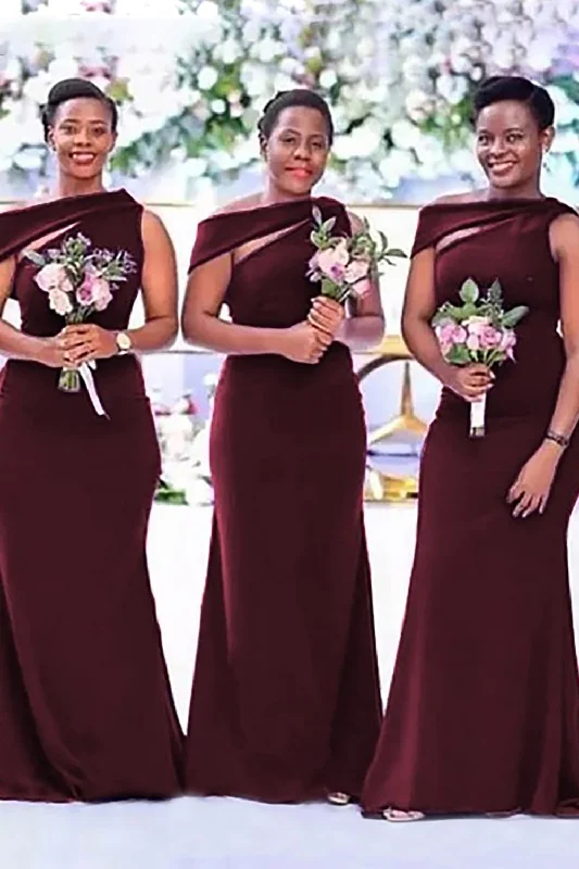 Wedding guest dresses with button - down fronts and A - line silhouettesMermaid One Shoulder Burgundy Long Bridesmaid Dress Wedding guest dresses with button - down fronts and A - line silhouettesMermaid One Shoulder Burgundy Long Bridesmaid Dress