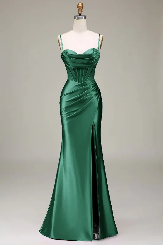 Mini cocktail dresses with a denim fabric for a casual - chic lookDark Green Mermaid Spaghetti Straps Corset Prom Dress with Split Front