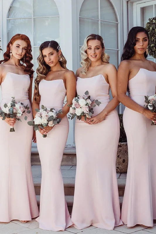 Wedding guest dresses with high - low hems and floral appliquesMermaid Strapless Light Pink Long Bridesmaid Dress Wedding guest dresses with high - low hems and floral appliquesMermaid Strapless Light Pink Long Bridesmaid Dress