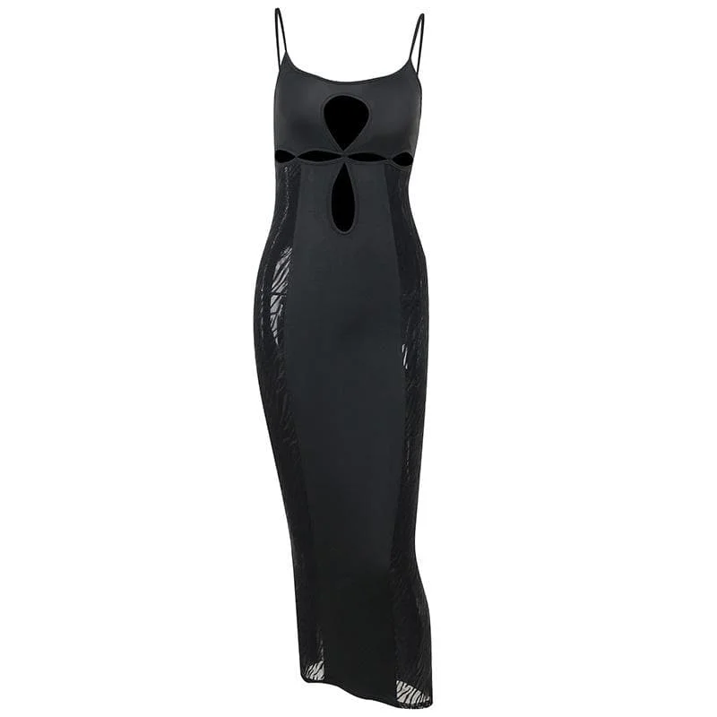 Metallic cocktail dresses with a halter neck for a glamorous occasionBerryBetty - Mesh solid hollow out backless cami midi dress - Final Sale