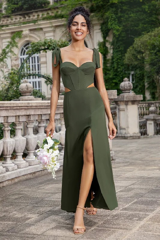 Wedding guest dresses with button - down fronts and A - line silhouettesOlive A Line Spaghetti Straps Floor Length Bridesmaid with Slit Wedding guest dresses with button - down fronts and A - line silhouettesOlive A Line Spaghetti Straps Floor Length Bridesmaid with Slit