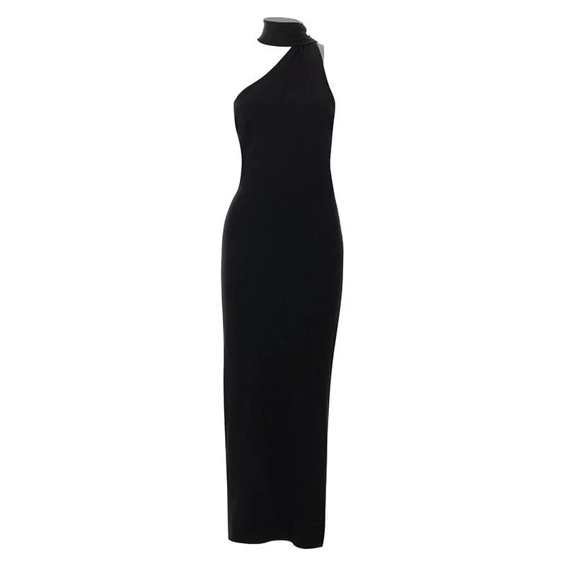 One - shoulder cocktail dresses in emerald green for a bold statementBerryBetty - One shoulder backless slit solid halter beaded maxi dress