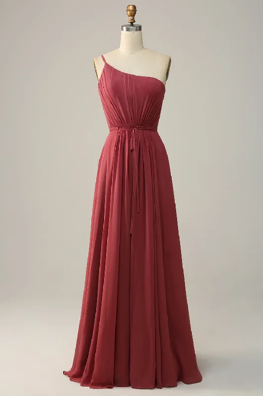 One Shoulder Desert Rose A Line Long Bridesmaid Dress