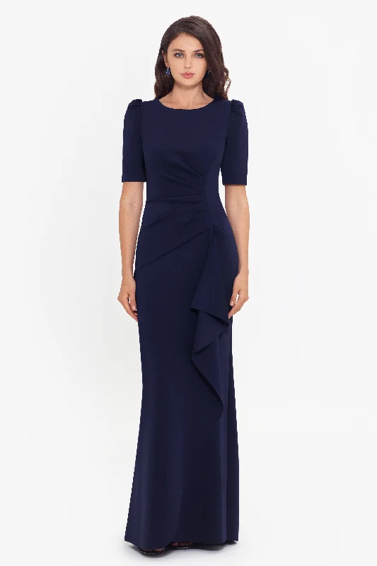 Velvet cocktail dresses with long sleeves for winter galasPetite "Demi" 3/4 Sleeve Side Ruched Floor Length Gown