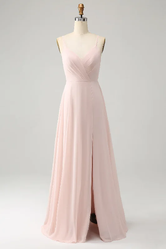 Wedding guest dresses with high - low hems and floral appliquesPink A Line V Neck Chiffon Long Bridesmaid Dress with Slit Wedding guest dresses with high - low hems and floral appliquesPink A Line V Neck Chiffon Long Bridesmaid Dress with Slit