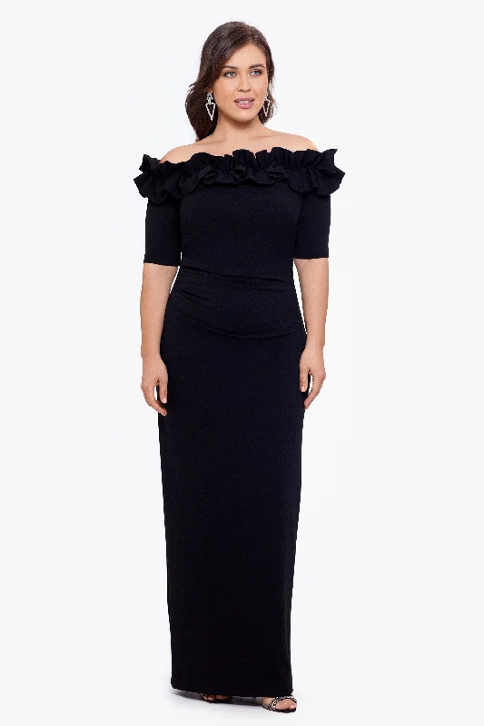 Mini cocktail dresses with a tiered ruffled skirt and a scoop neckPlus "Isla" Long Crepe Off the Shoulder Ruffle Dress
