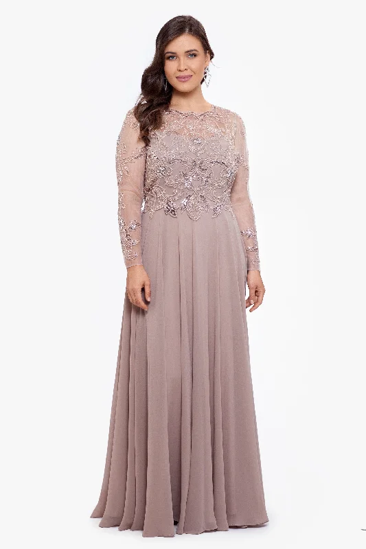 Cocktail dresses with a tiered skirt and a bow at the waistPlus "Mason" Long Sleeve Beaded Chiffon Gown