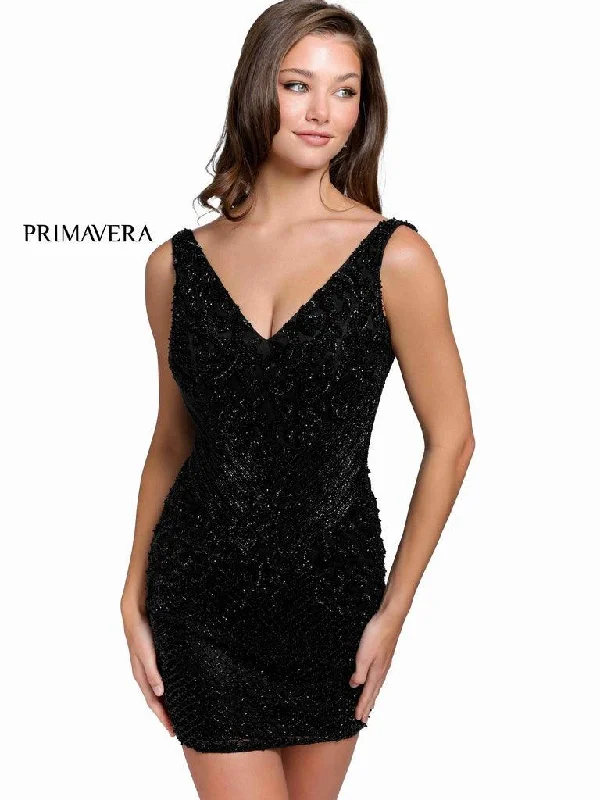 Bodycon dress with a patchwork pattern​Primavera Couture Short Sleeveless Prom Dress 3802