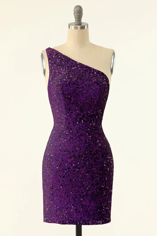 Sequined cocktail dresses with a mermaid silhouettePurple One Shoulder Sequins Homecoming Dress Sequined cocktail dresses with a mermaid silhouettePurple One Shoulder Sequins Homecoming Dress